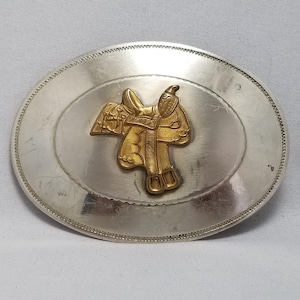 Vintage Belt Buckle Nickel Silver Horse Saddle Western USA Made By Chambers Belt