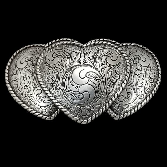 Vintage Western Style Triple Heart Engraved Belt Buckle  display picture 2