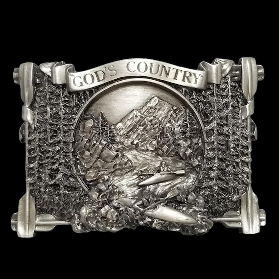 VTG Belt Buckle 1983 God's Country Landscape Kayaking USA Bergamot Brass Works