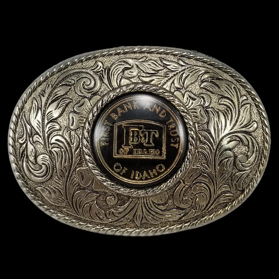 VTG FB&T Belt Buckle First Bank And Trust Of Idaho Western Filigree Rope Edge