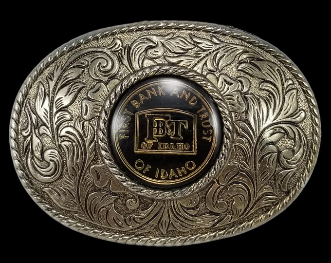 VTG FB&T Belt Buckle First Bank And Trust Of Idaho Western Filigree Rope Edge