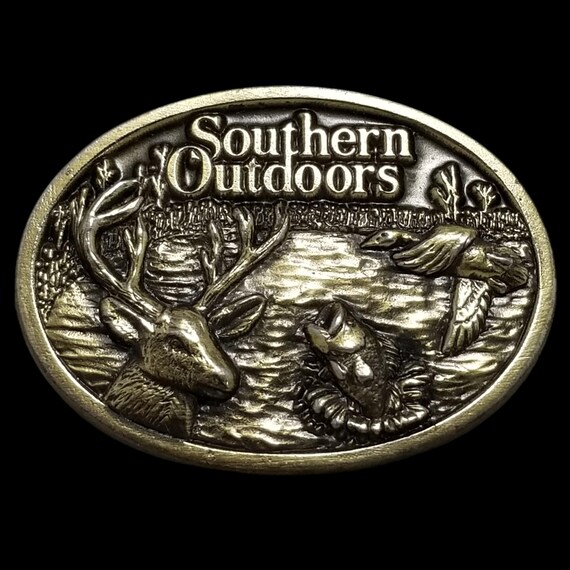 Vintage 1986 Brass Belt Buckle: Southern Outdoors, Fishing, Hunting