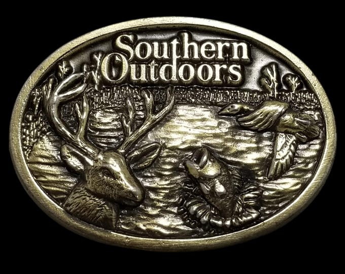 Vintage 1986 Brass Belt Buckle: Southern Outdoors, Fishing, Hunting