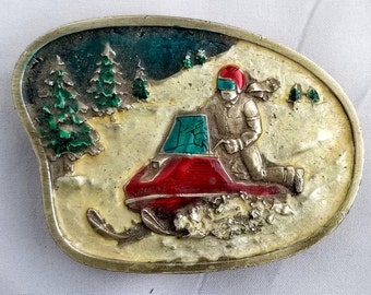 Vintage Belt Buckle 1977 Snowmobile Riding On Snow Colorized USA By Bergamot