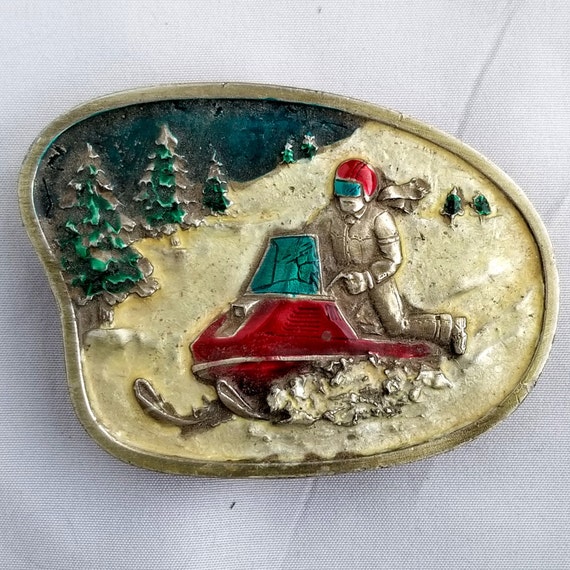 Vintage Belt Buckle 1977 Snowmobile Riding On Snow Colorized USA By Bergamot