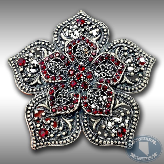 Belt Buckle Women's Star Flower Pedals Double Layer Perforated Red Rhinestones