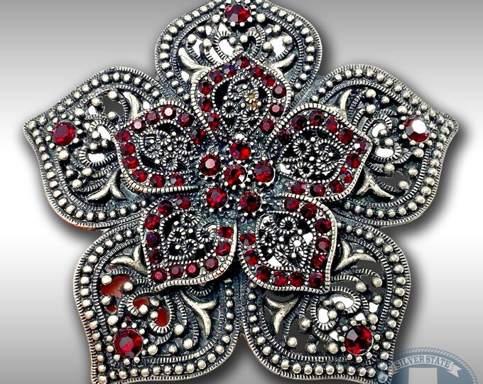 Belt Buckle Women's Star Flower Pedals Double Layer Perforated Red Rhinestones