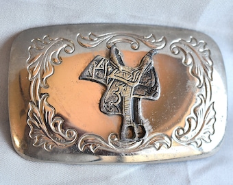 Vintage Belt Buckle Horse Saddle Filigree Stamped Engraved Etched Western USA