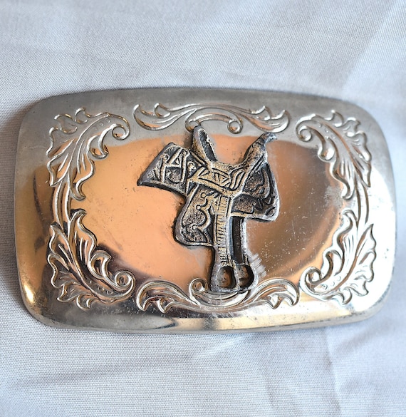 Vintage Belt Buckle Horse Saddle Filigree Stamped Engraved Etched Western USA