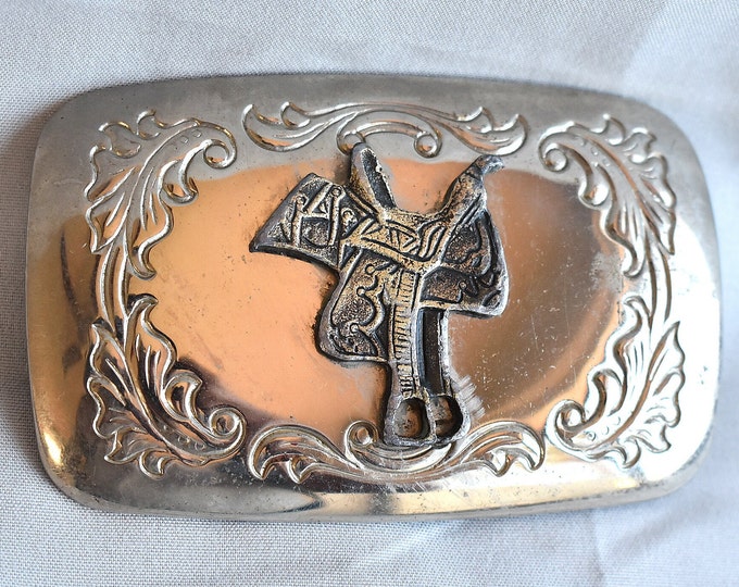 Vintage Belt Buckle Horse Saddle Filigree Stamped Engraved Etched Western USA