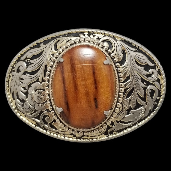 Vintage Belt Buckle Filigree Wood Center Western Rope Edge Gold And Black Color