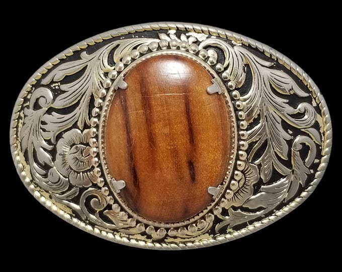 Vintage Belt Buckle Filigree Wood Center Western Rope Edge Gold And Black Color