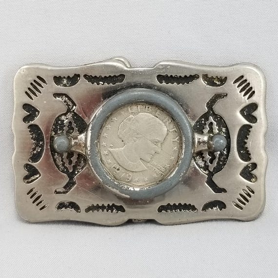 Vintage Belt Buckle Small Western Filigree With 25 Cent Quater In The Center