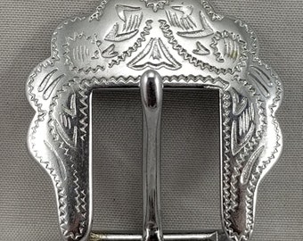 Vintage Taiwan ROC Belt Buckle | Small Western Pin Buckle with Filigree Engraved Etched Design