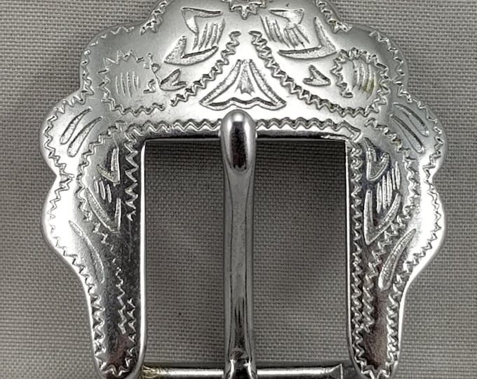 Vintage Taiwan ROC Belt Buckle | Small Western Pin Buckle with Filigree Engraved Etched Design
