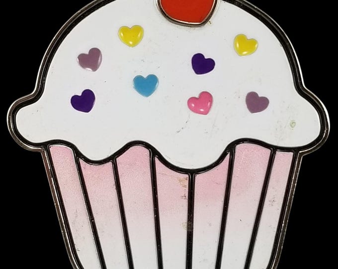 Vintage Cupcake Belt Buckle: Enamel Hearts, Kawaii Candy, Made in USA