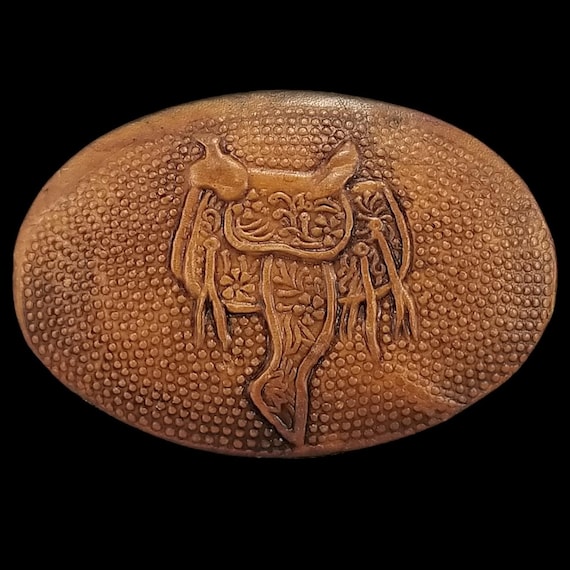 Western Horse Saddle Belt Buckle Oval Textured Leather Over Metal USA Made
