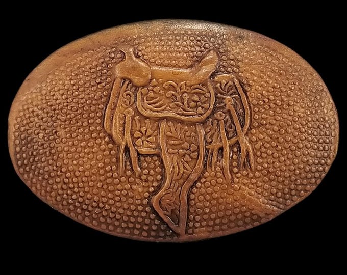 Western Horse Saddle Belt Buckle Oval Textured Leather Over Metal USA Made