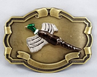 Hebilla de cinturón vintage con diseño de pato volador, faisán y pájaro, estilo occidental, color dorado en relieve