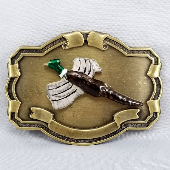 Vintage Belt Buckle Flying Duck Pheasant Bird Western Style Gold Color Embossed