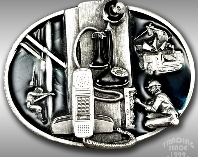 Vintage Telephone Lineman Belt Buckle Siskiyou Buckle Co 1988 Black And Silver