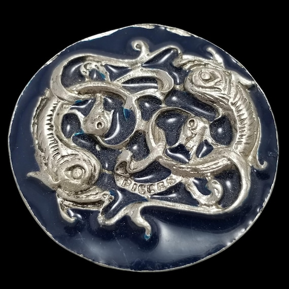 Vintage Belt Buckle Pewter Pisces Horoscope Zodiac Sign Dream Weaver Dragons