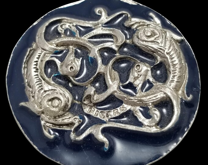 Vintage Belt Buckle Pewter Pisces Horoscope Zodiac Sign Dream Weaver Dragons