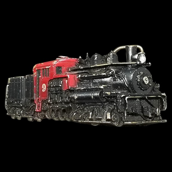 Vintage Belt Buckle 1983 Brass Black & Red Steam Engine Train Locomotive No 9