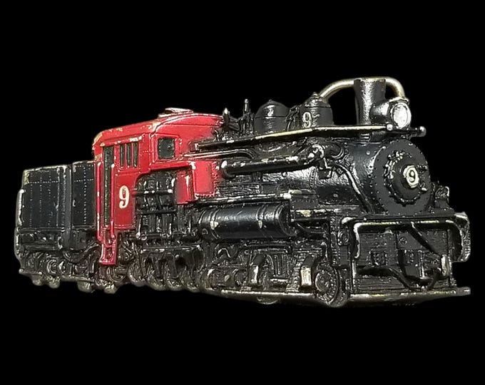 Vintage Belt Buckle 1983 Brass Black & Red Steam Engine Train Locomotive No 9