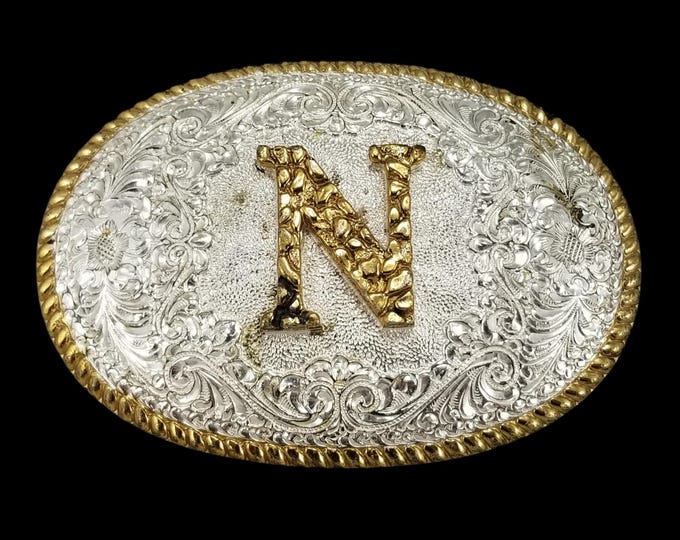 Crumrine Mfg Western Belt Buckle Initial N Silver Gold Tone Floral Engraved Oval