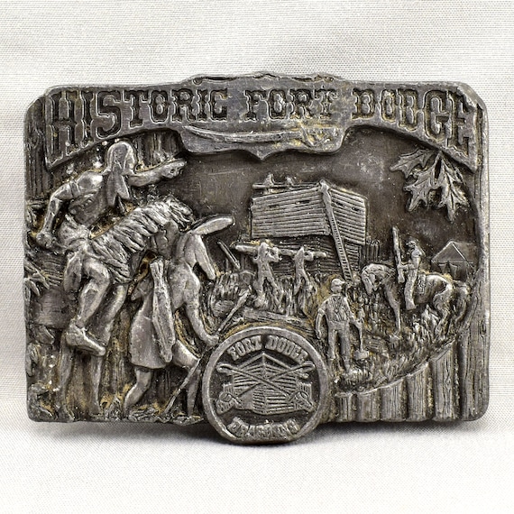 Vintage Belt Buckle 1985 Historic Fort Dodge Dragoons USA Made Silver Color