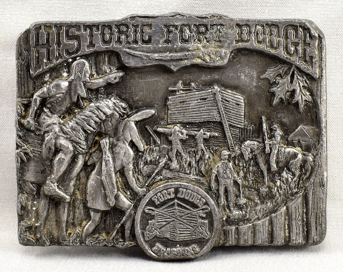 Vintage Belt Buckle 1985 Historic Fort Dodge Dragoons USA Made Silver Color