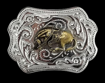Vintage Bronco Belt Buckle, Silver Gold Western Cowboy Horse Rodeo Gift