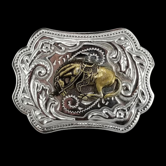 Vintage Bronco Belt Buckle, Silver Gold Western Cowboy Horse Rodeo Gift