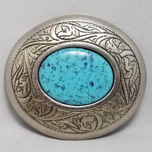 Vintage Belt Buckle Women&#39;s Turquoise Blue Agate Cabochon Filigree Western Oval