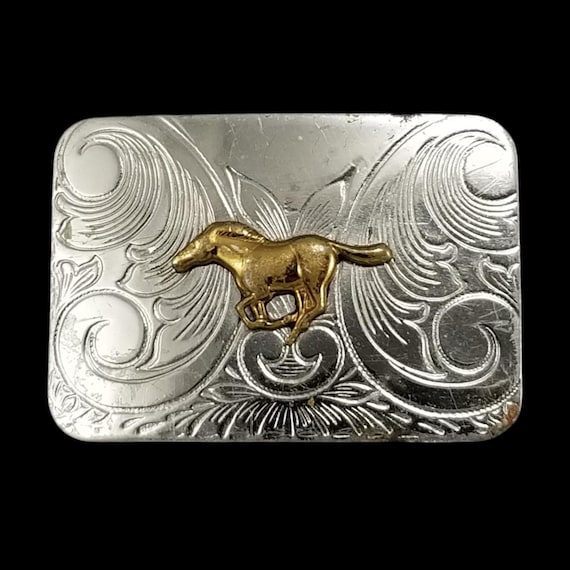 Vintage Nickel Silver Western Belt Buckle Galloping Horse Floral Engraved Small