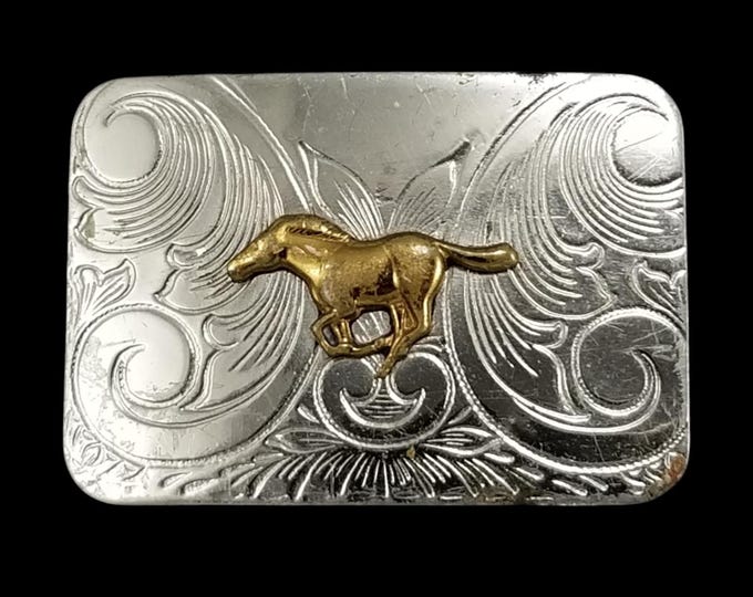 Vintage Nickel Silver Western Belt Buckle Galloping Horse Floral Engraved Small