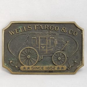 Vintage Belt Buckle 1970s Solid Brass Wells Fargo & Co Since 1852 Wagon USA Made