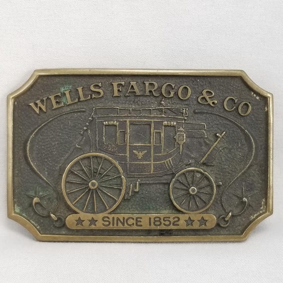 Vintage Belt Buckle 1970s Solid Brass Wells Fargo & Co Since 1852 Wagon USA Made