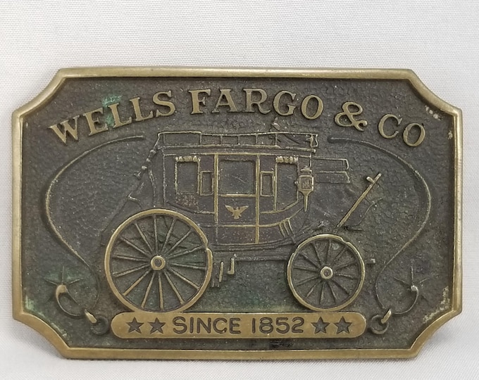 Vintage Belt Buckle 1970s Solid Brass Wells Fargo & Co Since 1852 Wagon USA Made