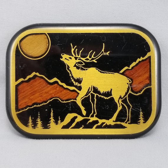 Vintage Belt Buckle Elk In The Wild Landscape USA Made By Harmony Design CO