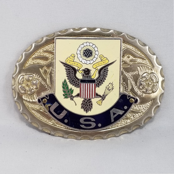 Vintage USA Belt Buckle: Patriotic Crest Oval - E Pluribus Unum, American Eagle Emblem