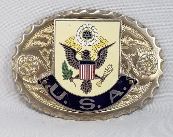 Vintage USA Belt Buckle: Patriotic Crest Oval - E Pluribus Unum, American Eagle Emblem
