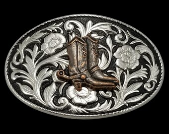 Western Cowboy Boots Floral Engraved Belt Buckle Vintage Style Made in USA