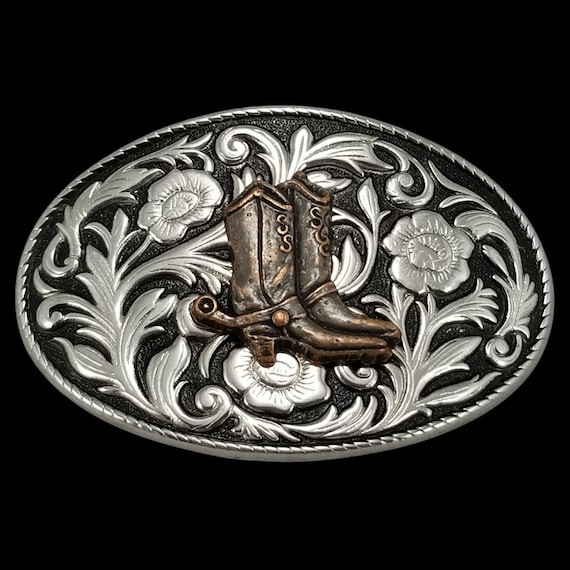 Western Cowboy Boots Floral Engraved Belt Buckle Vintage Style Made in USA