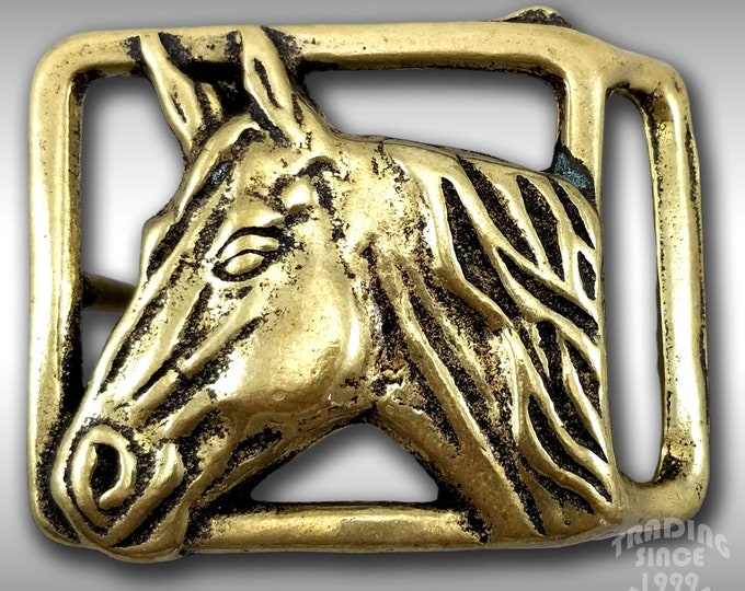 Belt Buckle Solid Brass Horse Head Riding Cowboy Western Gold Color Gift