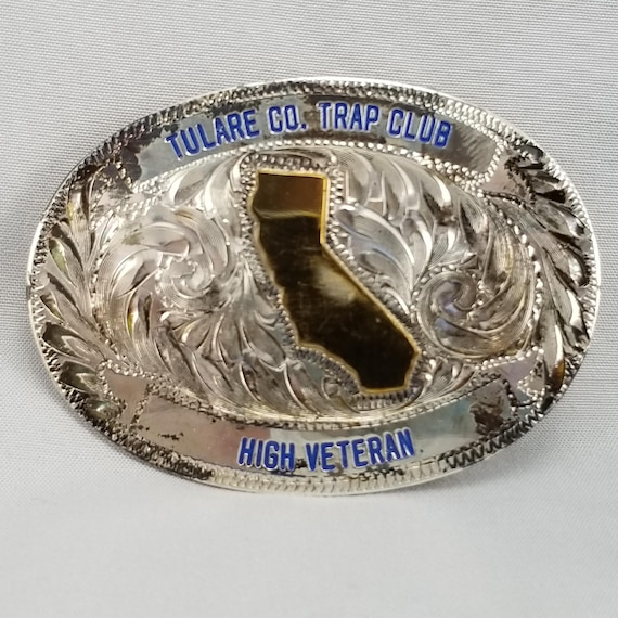 Vintage Belt Buckle Sterling Face Tulare County CA Trap Club High Veteran