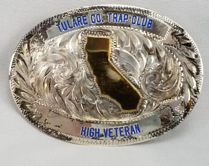 Vintage Belt Buckle Sterling Face Tulare County CA Trap Club High Veteran