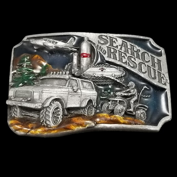 1980 Search And Rescue Pewter Belt Buckle In Color Dedicated To Volunteers
