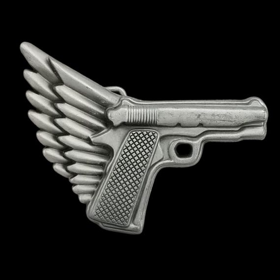Winged Gun Pistol Belt Buckle Silver Tone Novelty Fashion Accessory